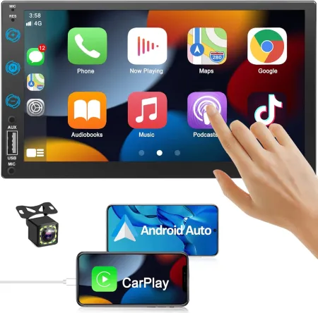 Double Din Car Stereo Radio with Backup Camera -Voice Control Apple Carplay & Android Auto, Bluetooth 5.3 Touch Screen S