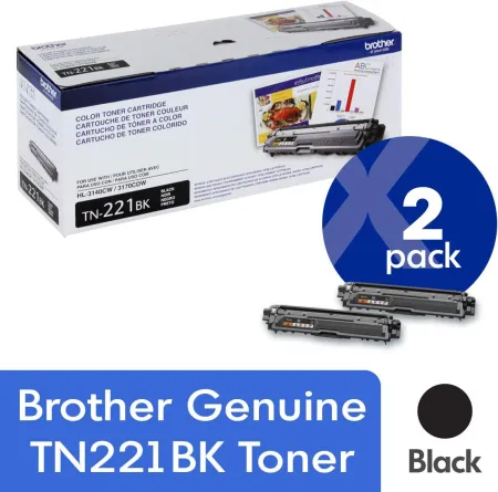 Brother Genuine TN221BK 2-Pack Standard Yield Black Toner Cartridge with Approximately 2,500 Page Yield/Cartridge