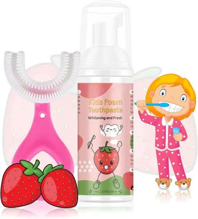 Foam Toothpaste Kids, Toddler Toothpaste with U-Shape Toothbrush, Strawberry Flavor Foaming Toothpaste and Mouthwash for