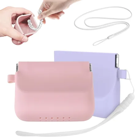 2 Pack Silicone Retainer Case with Lanyard, Durable Soft Denture Case with Vent Holes Compatible for Invisalign, Portabl