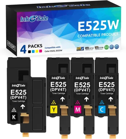 INK E-SALE Compatible Toner Cartridge Replacement for Dell 525 E525 E525W (KCMY, 4 Packs), for use with Dell E525W Color