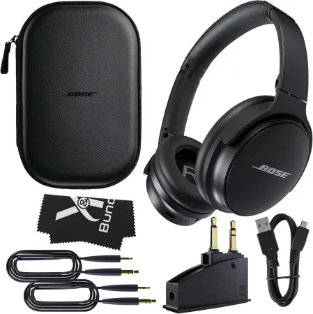 Bose QuietComfort 45 Headphones (Black) Bundle with QC15 Airplane Jack Adapter, Audio Cable, Cloth - Bluetooth Wireless 