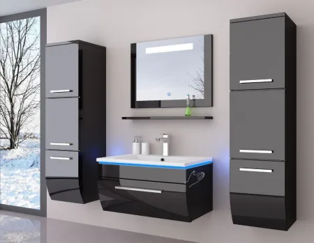 Badmöbel Set Schwarz / Weiß Hochglanz Badezimmer 6 Tlg LED 60cm NEU