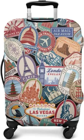 Travel Luggage Cover Suitcase Protector Washable Anti-scratch Baggage Covers (World Stamp, M(22-24in))